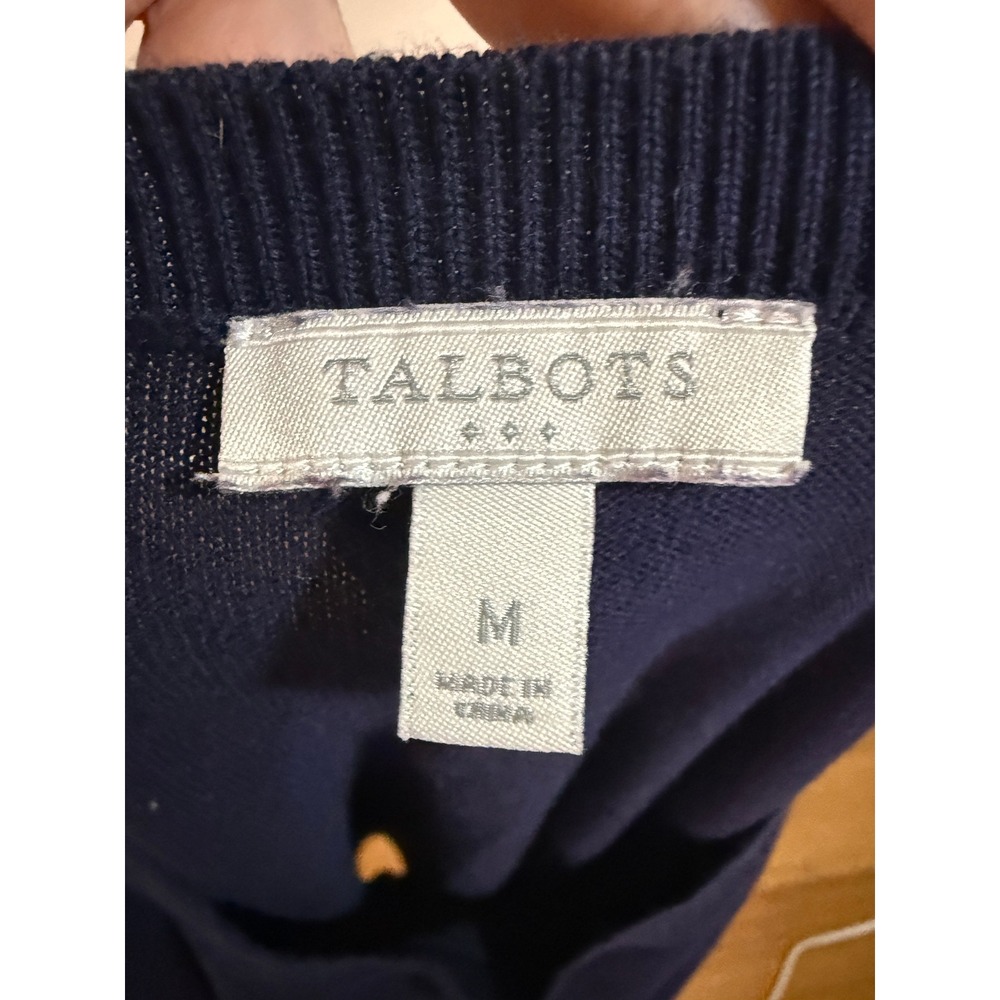 Talbots Sweater Women M Navy Gold Crown Embroidered Knit Regal Preppy Academia - Picture 6 of 6